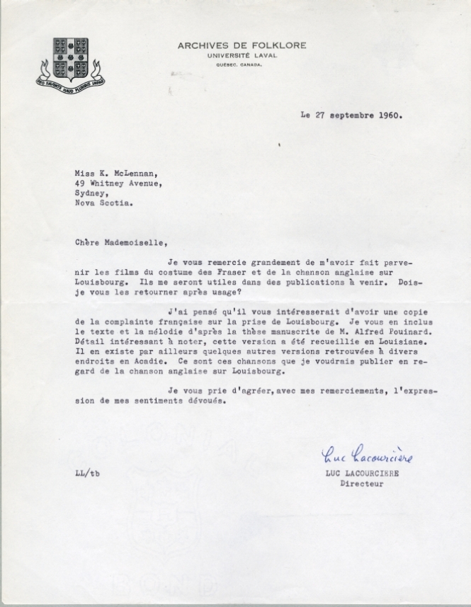 Letter from Luc Lacourciere